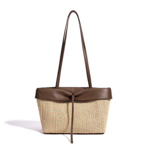 Color Block Leather Woven Large Capacity Beach Shoulder Bag