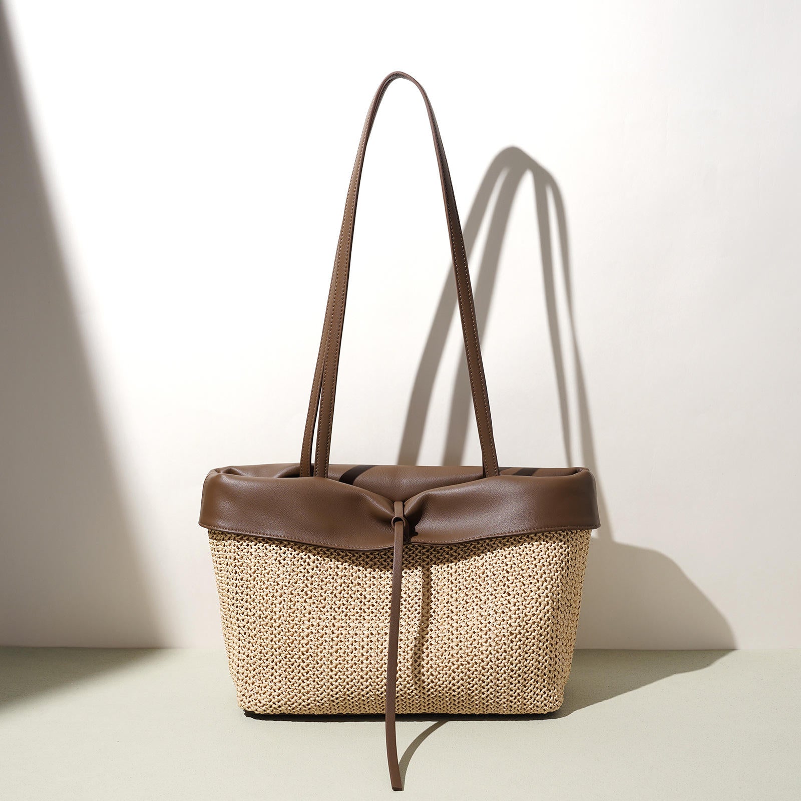 Color Block Leather Woven Large Capacity Beach Shoulder Bag