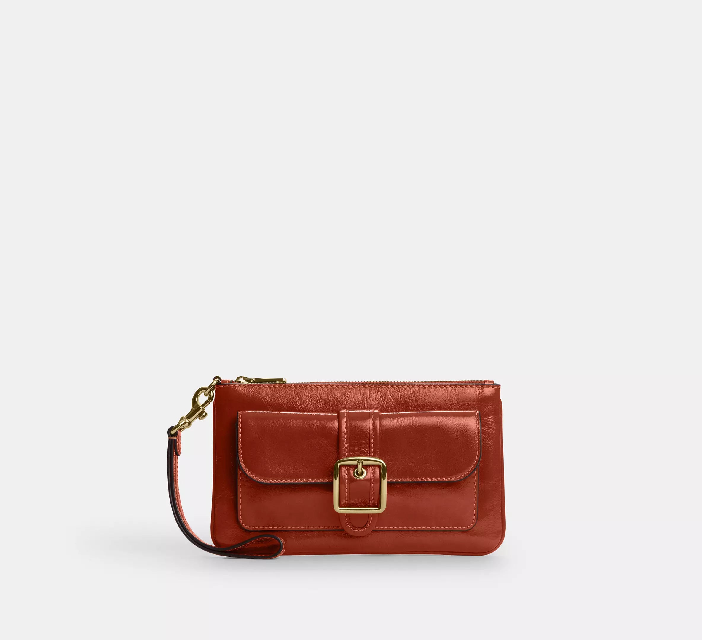 Glazed Leather Buckle Front Zip Top Wristlet