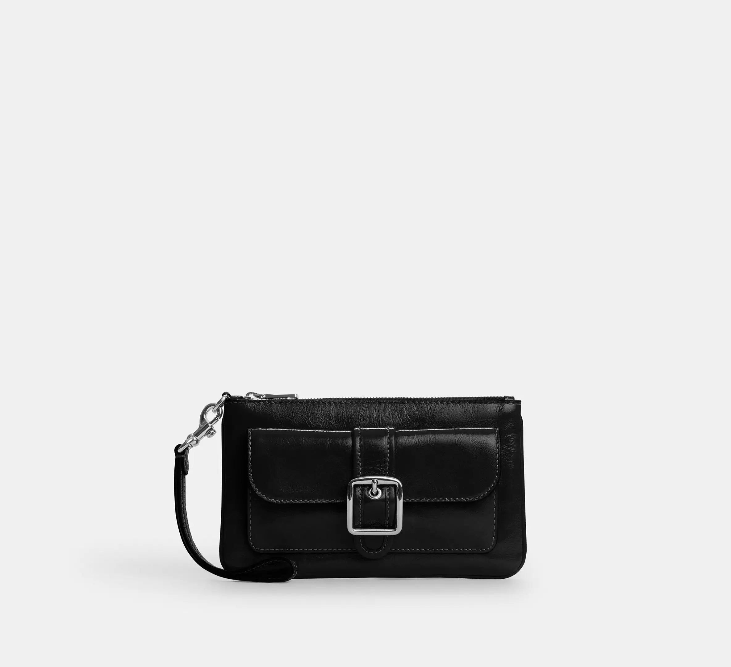 Glazed Leather Buckle Front Zip Top Wristlet