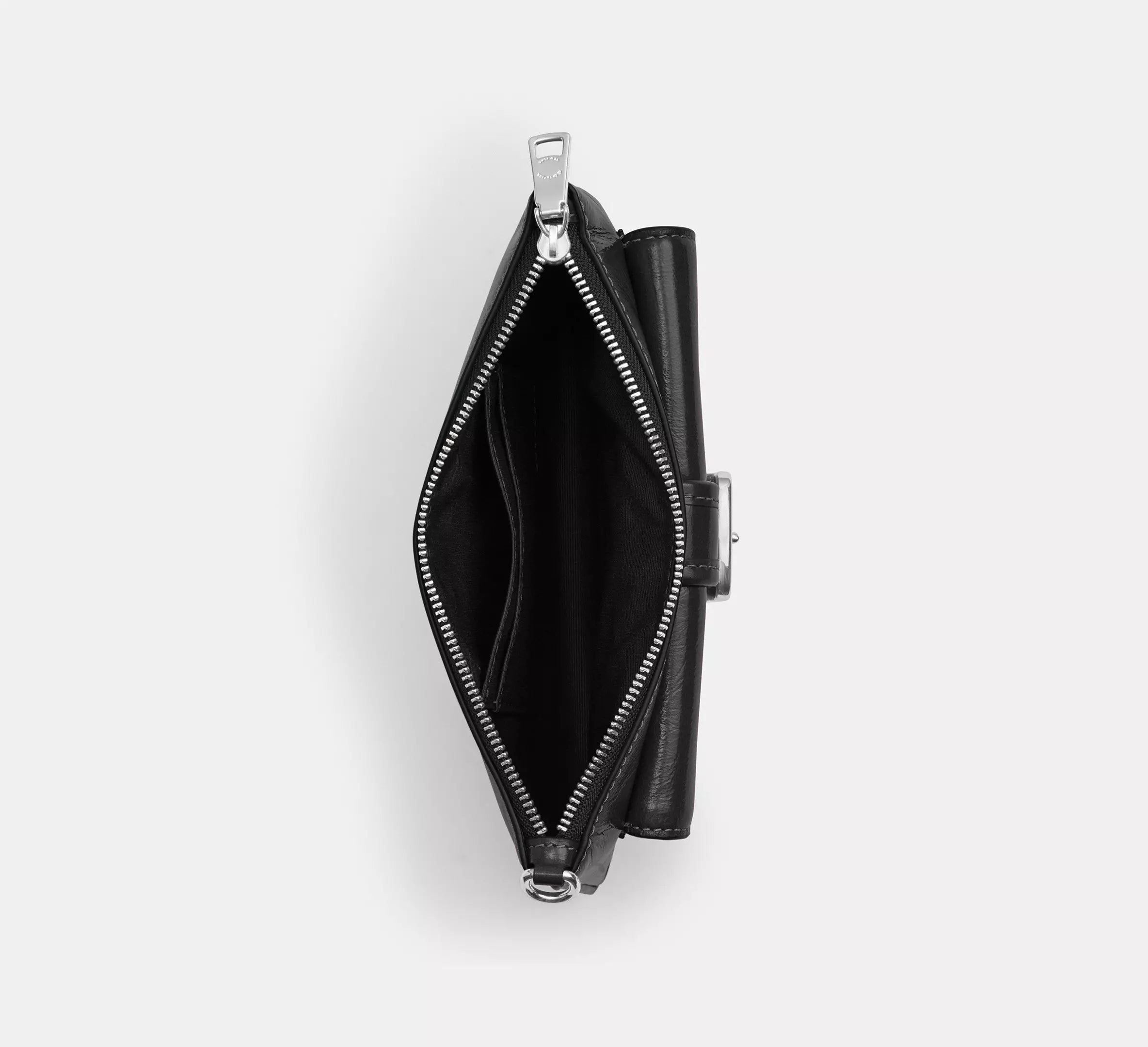 Glazed Leather Buckle Front Zip Top Wristlet