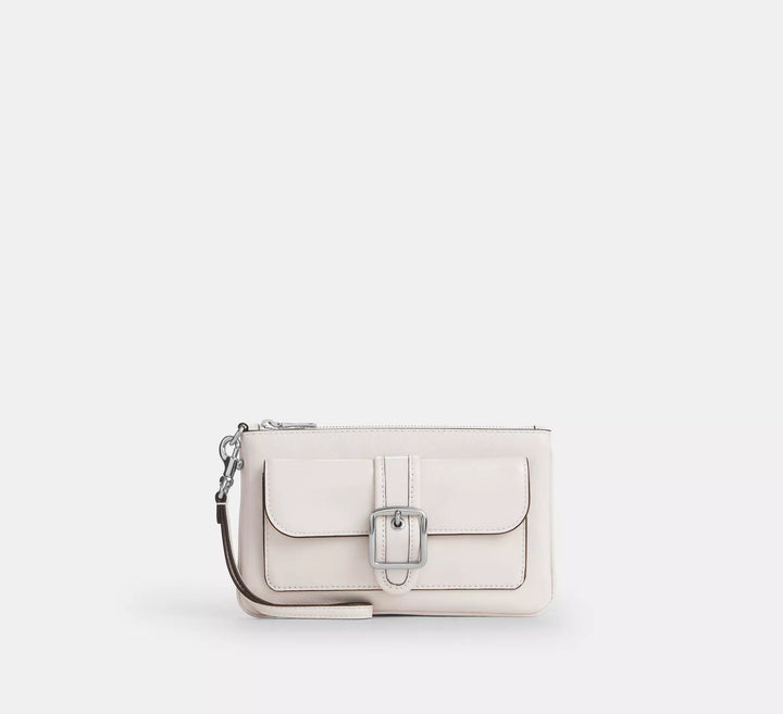 Glazed Leather Buckle Front Zip Top Wristlet